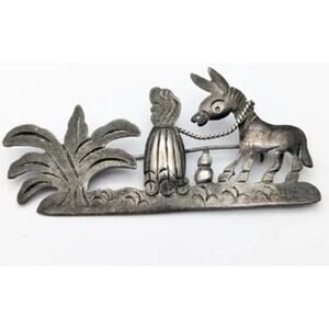 Vintage 1950's Plata Mexican Sterling Silver Donkey Cactus Brooch Pin 2.75 inch